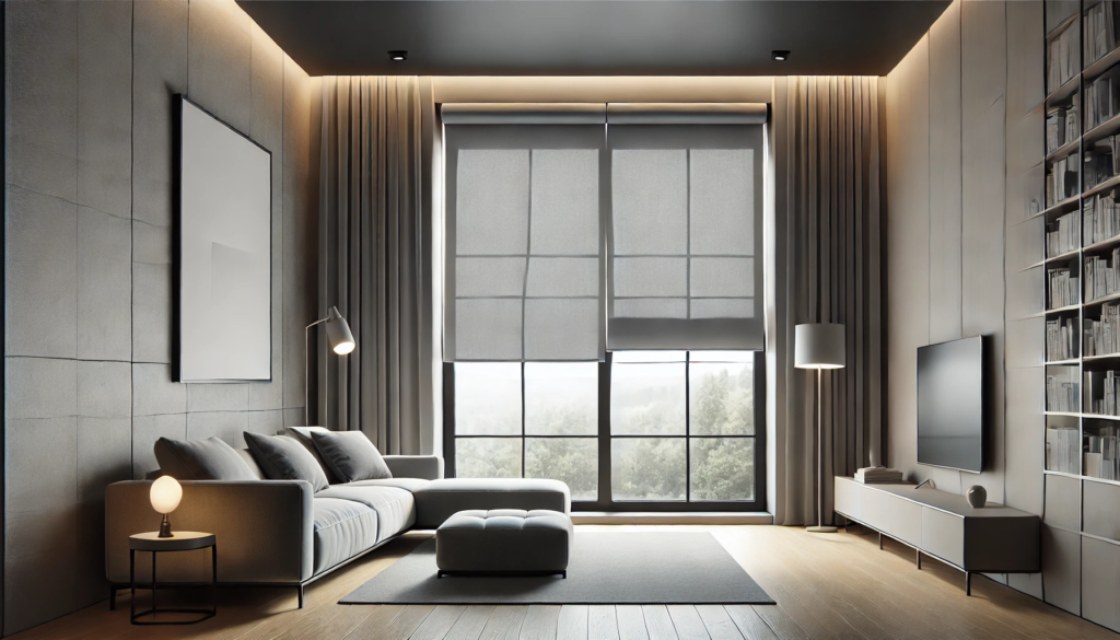 Sala de estar com persiana rolo cinza parcialmente aberta em uma grande janela retangular, com decoração moderna e minimalista.