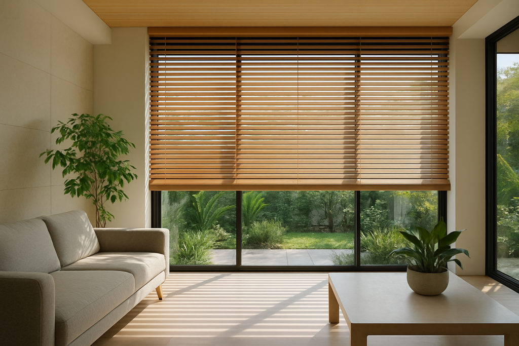 Sala de estar moderna com sofá bege, persianas de madeira parcialmente fechadas e luz natural filtrada, plantas decorativas e vista para um jardim externo.