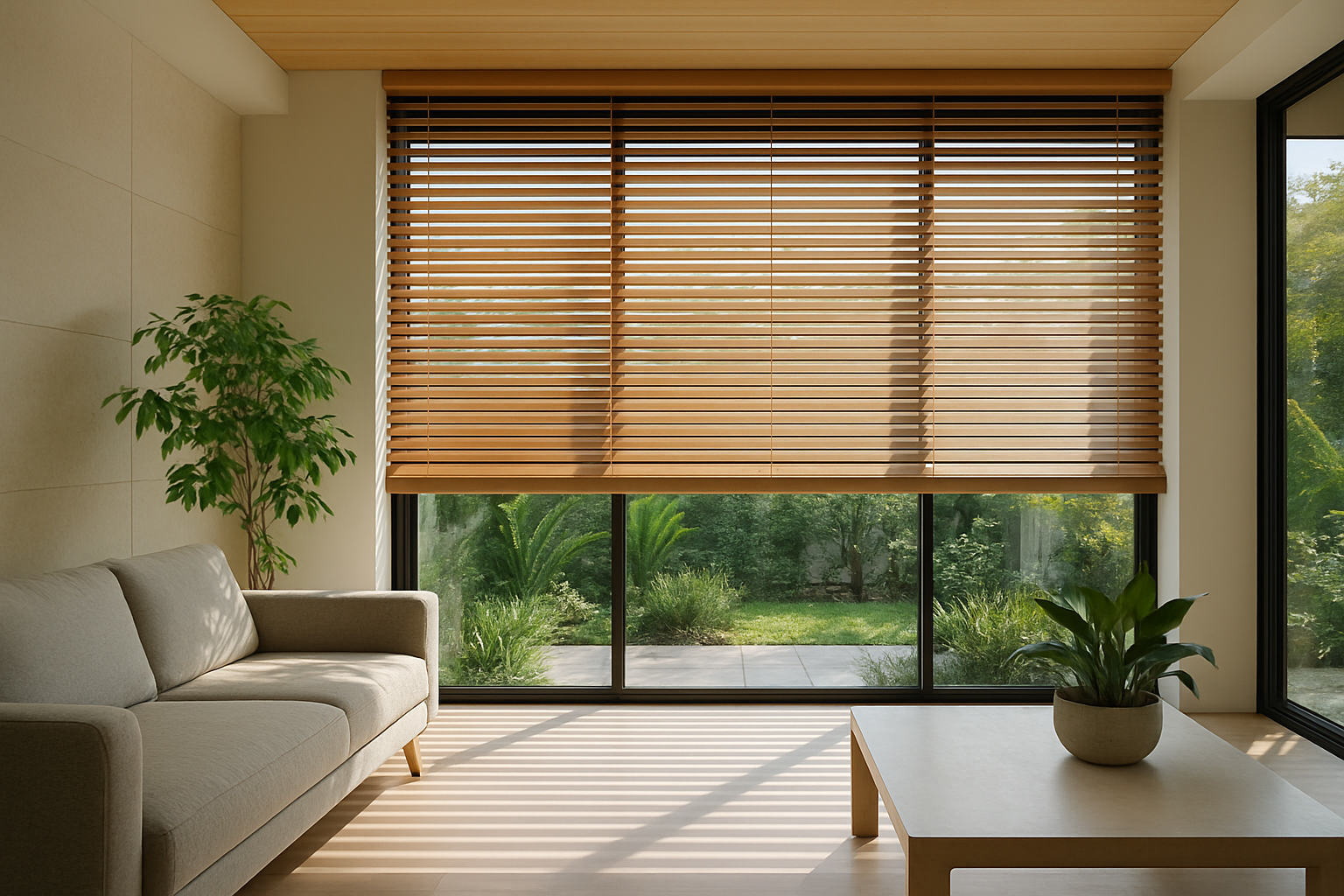 Sala de estar moderna com sofá bege, persianas de madeira parcialmente fechadas e luz natural filtrada, plantas decorativas e vista para um jardim externo.
