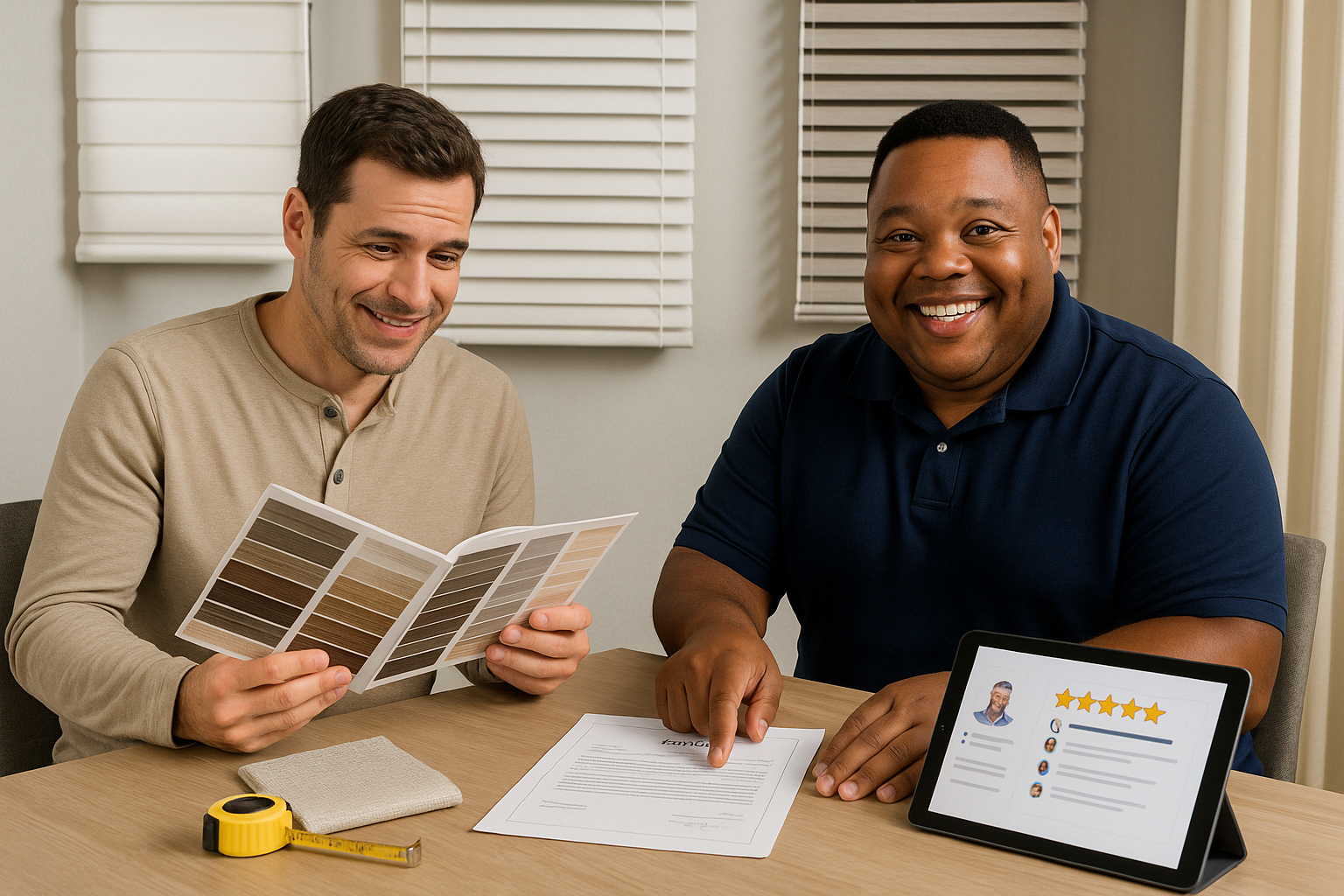 Dois homens sentados à mesa em showroom de persianas, sorrindo, analisando amostras e contrato.