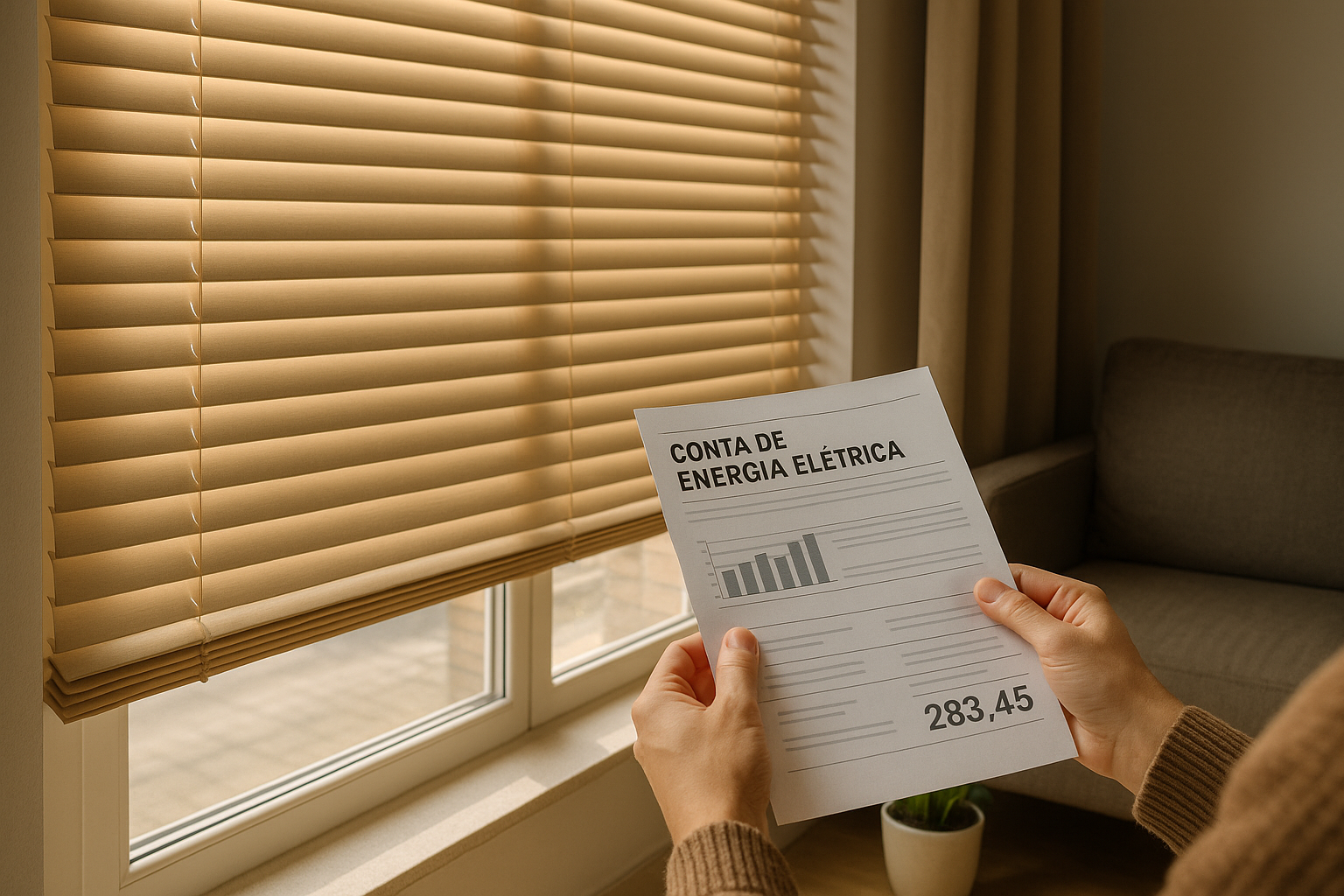 Pessoa segurando uma conta de energia elétrica próxima a uma janela com persiana fechada