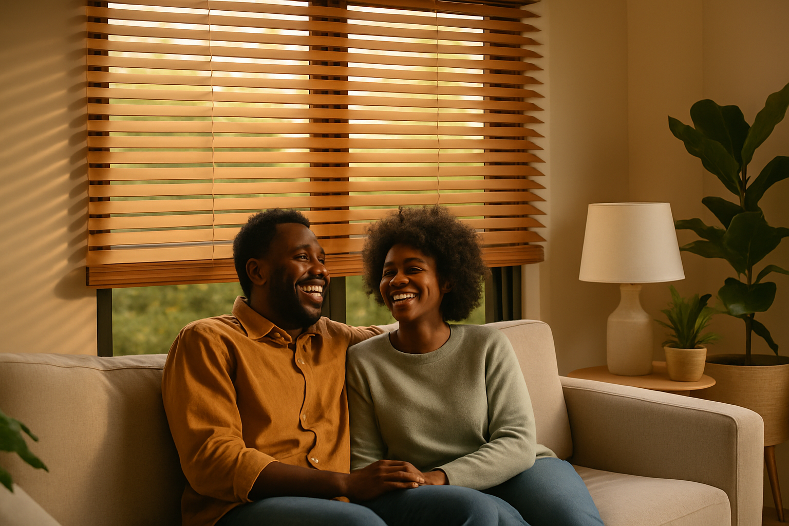 Casal sorridente sentado em um sofá de sala iluminada, com persianas de madeira ao fundo e decoração aconchegante.