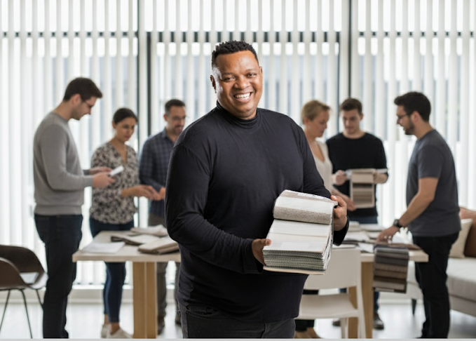 Homem sorridente, segurando amostras de tecidos em um ambiente corporativo, com colegas ao fundo analisando outros materiais.