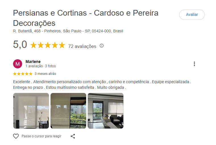 avaliação da empresa Cardoso e Pereira Decorações no Google